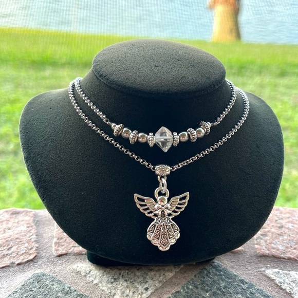 Genuine herkimer diamond crystal double layer stainless steel angel necklace - Picture 13 of 14
